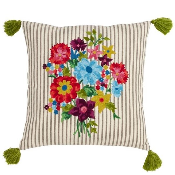 Saro Lifestyle SARO 1721.M18S 18 in. Square Poly Filled Throw Pillow with Embroidered Flowers & Striped Design - White 1721.M18S